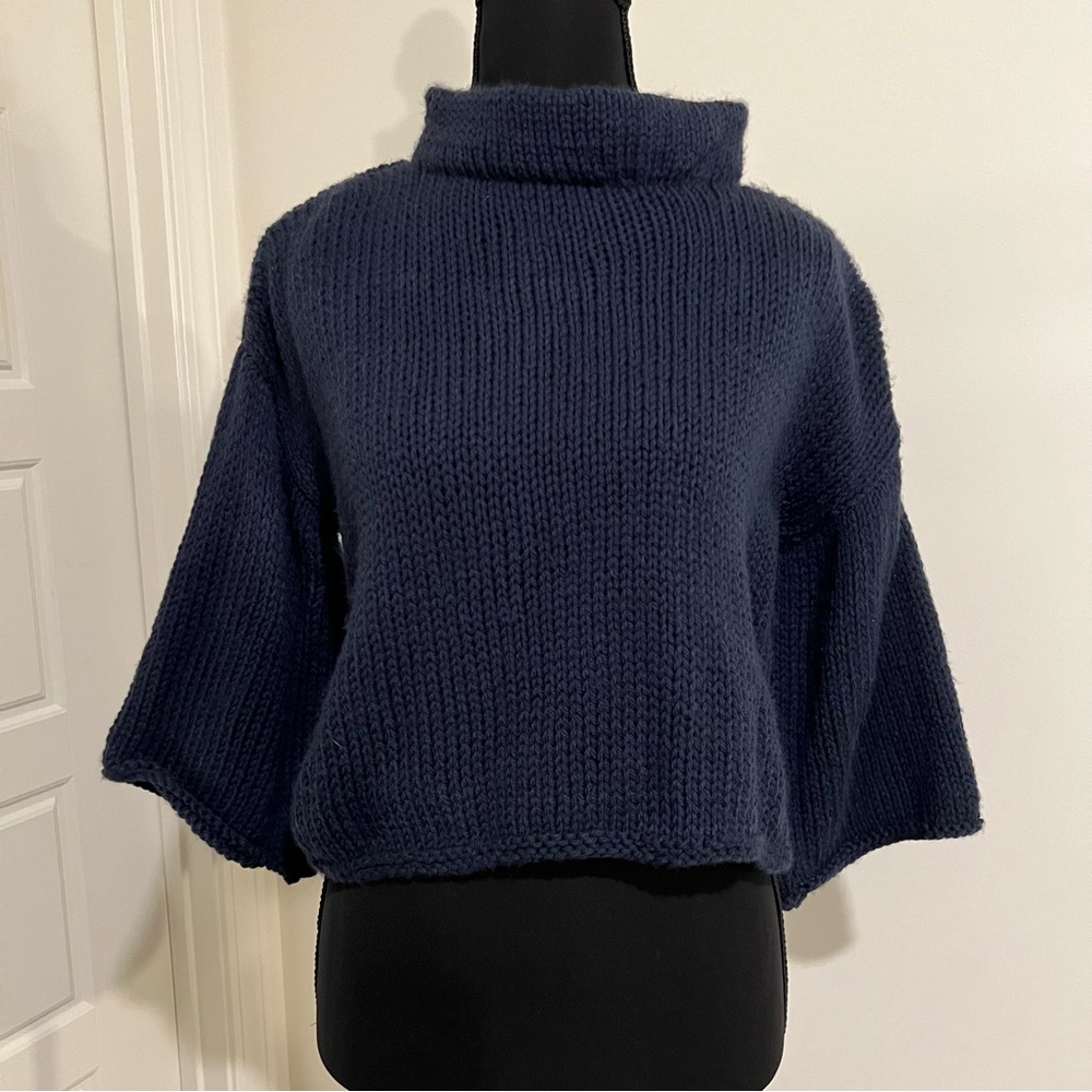 Handmade Navy Knit Acrylic Mock Neck Half Sleeve Pullover Sweater Size Small